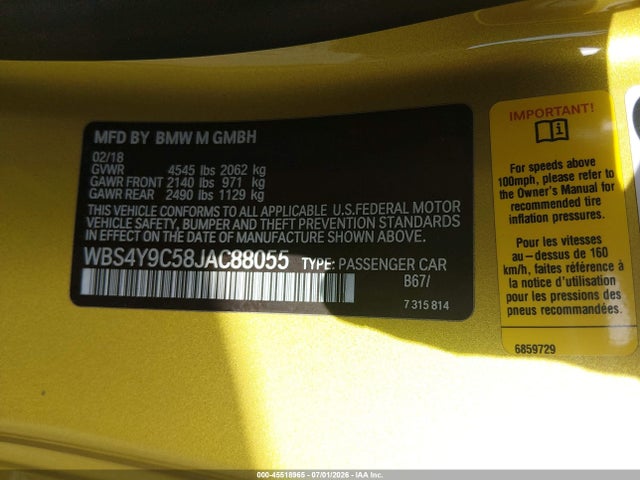 Aukcja sprzedaży 2018 Bmw M4, vin: WBS4Y9C58JAC88055, numer aukcji: 45518965