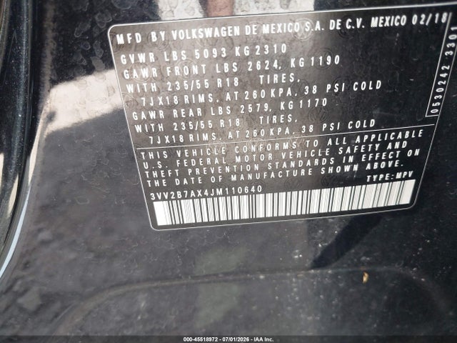 Aukcja sprzedaży 2018 Volkswagen Tiguan 2.0t Se/2.0t Sel, vin: 3VV2B7AX4JM110640, numer aukcji: 45518972