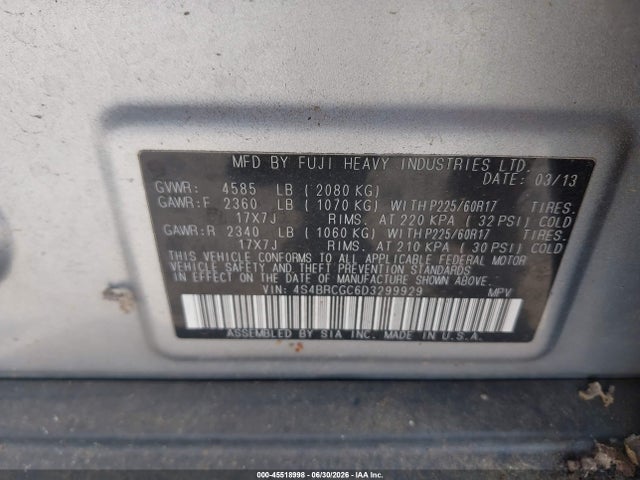 Auction sale of the 2013 Subaru Outback 2.5i Premium, vin: 4S4BRCGC6D3299929, lot number: 45518998