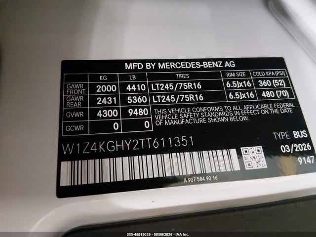 Продажа на аукционе авто 2026 Mercedes-benz Sprinter 2500 High Roof 4-cyl Diesel, vin: W1Z4KGHY2TT611351, номер лота: 45519029