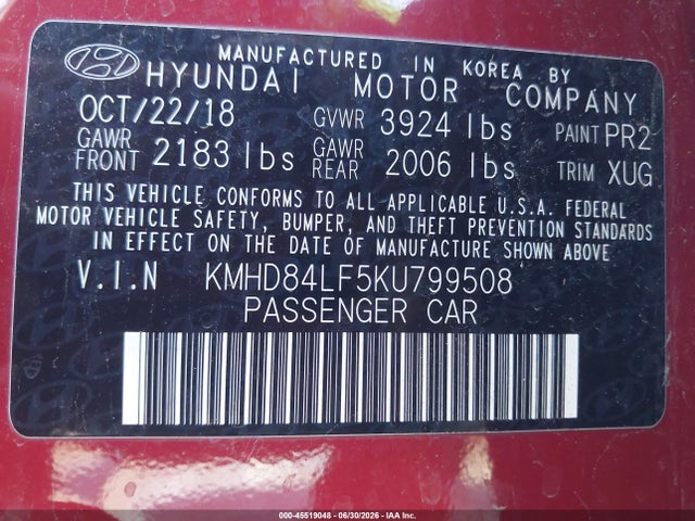 Hyundai ELANTRA SEL 2019 KMHD84LF5KU799508 Image 9