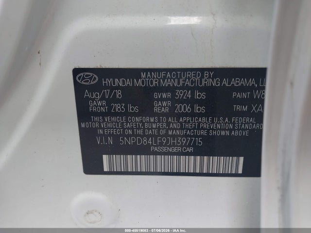 2018 Hyundai Elantra Sel მანქანა იყიდება აუქციონზე, vin: 5NPD84LF9JH397715, აუქციონის ნომერი: 45519083