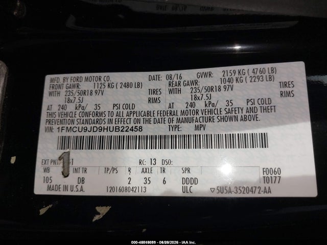 2017 Ford Escape Titanium მანქანა იყიდება აუქციონზე, vin: 1FMCU9JD9HUB22458, აუქციონის ნომერი: 45519091