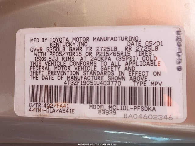 45519100 :رقم المزاد ، 4T3ZF19C51U403770 vin ، 2001 Toyota Sienna Ce مزاد بيع
