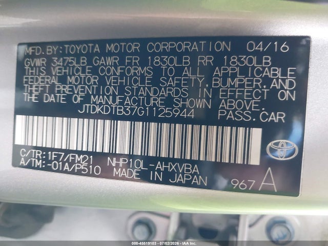 Toyota Prius C Two 2016 JTDKDTB37G1125944 Image 9