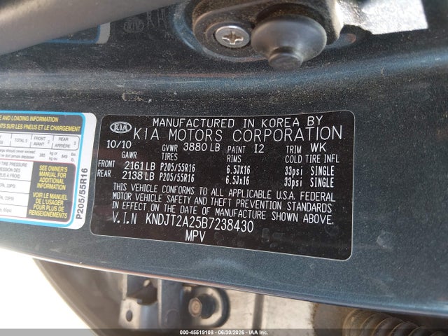 45519108 :رقم المزاد ، KNDJT2A25B7238430 vin ، 2011 Kia Soul + مزاد بيع