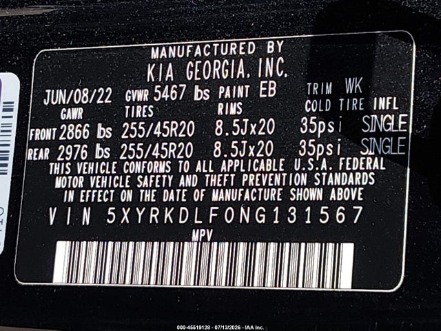 45519128 :رقم المزاد ، 5XYRKDLF0NG131567 vin ، 2022 Kia Sorento Sx مزاد بيع
