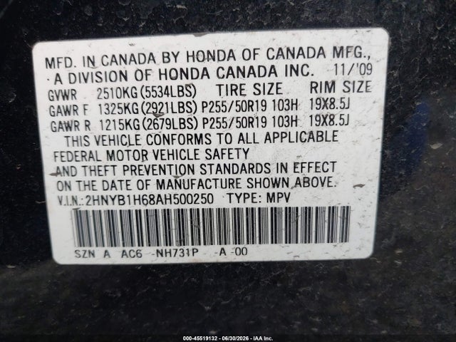 45519132 :رقم المزاد ، 2HNYB1H68AH500250 vin ، 2010 Acura Zdx مزاد بيع