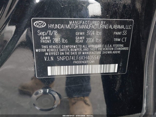 Продажа на аукционе авто 2019 Hyundai Elantra Se, vin: 5NPD74LF6KH405547, номер лота: 45519137