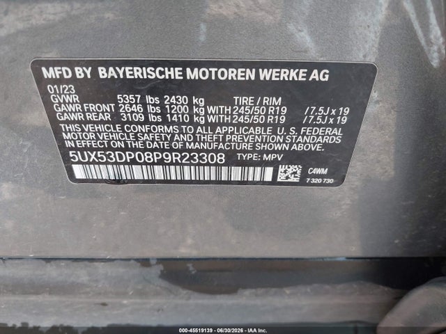Aukcja sprzedaży 2023 Bmw X3 Xdrive30i, vin: 5UX53DP08P9R23308, numer aukcji: 45519139