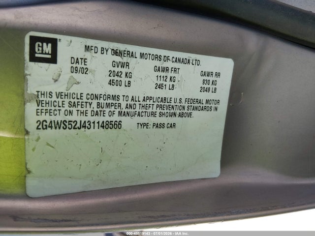 Aukcja sprzedaży 2003 Buick Century Custom, vin: 2G4WS52J431148566, numer aukcji: 45519143