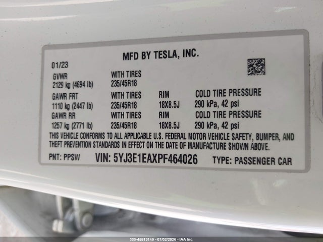 2023 Tesla Model 3 Rear-wheel Drive მანქანა იყიდება აუქციონზე, vin: 5YJ3E1EAXPF464026, აუქციონის ნომერი: 45519149