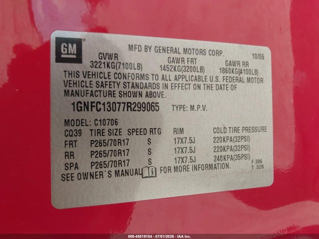 2007 Chevrolet Tahoe Lt მანქანა იყიდება აუქციონზე, vin: 1GNFC13077R299065, აუქციონის ნომერი: 45519154