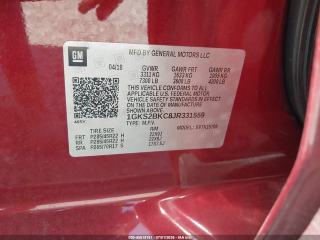 Aukcja sprzedaży 2018 Gmc Yukon Slt, vin: 1GKS2BKC8JR331559, numer aukcji: 45519161