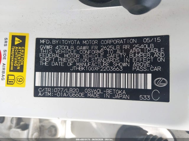 Продаж на аукціоні авто 2015 Lexus Es 350, vin: JTHBK1GGXF2203663, номер лоту: 45519170