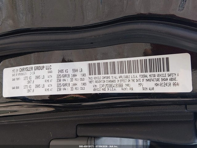 2014 Jeep Cherokee Limited მანქანა იყიდება აუქციონზე, vin: 1C4PJMDS8EW191668, აუქციონის ნომერი: 45519171