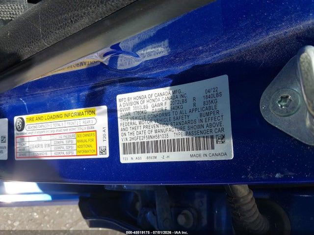 2022 Honda Civic Sport მანქანა იყიდება აუქციონზე, vin: 2HGFE2F58NH581035, აუქციონის ნომერი: 45519175