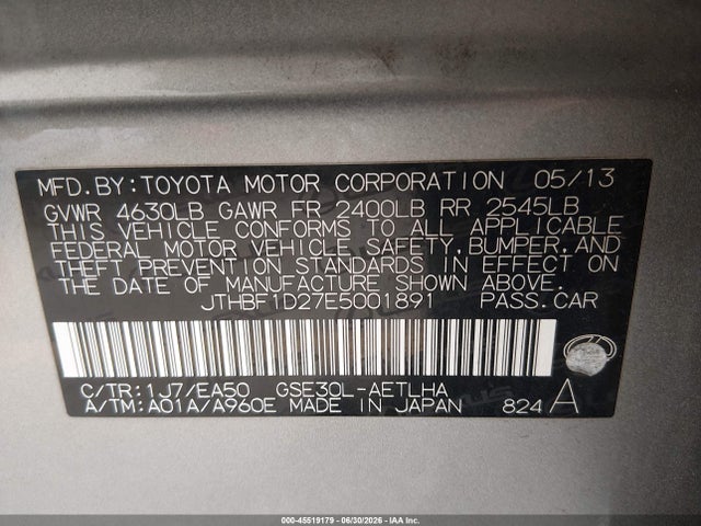 JTHBF1D27E5001891 Lexus IS 250