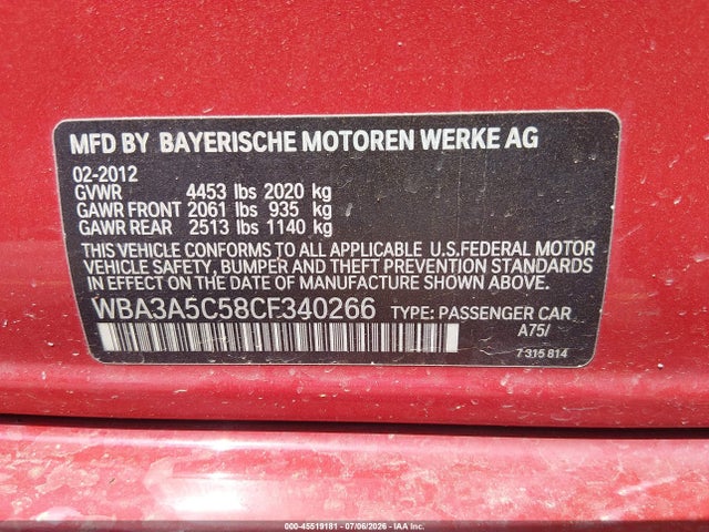 2012 Bmw 328i მანქანა იყიდება აუქციონზე, vin: WBA3A5C58CF340266, აუქციონის ნომერი: 45519181