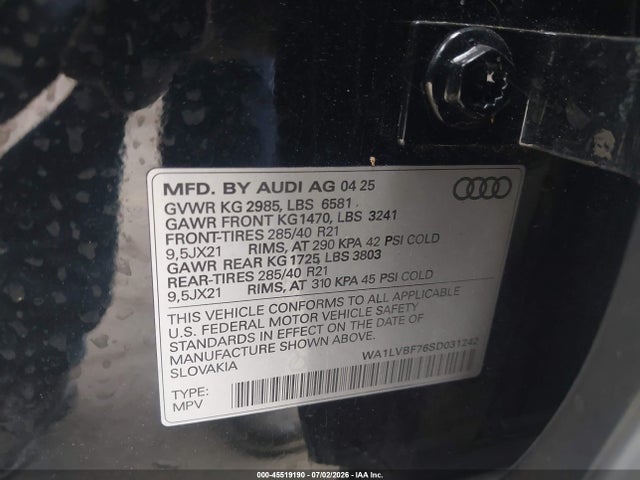 45519190 :رقم المزاد ، WA1LVBF76SD031242 vin ، 2025 Audi Q7 Premium Plus 55 Tfsi Quattro Tiptronic مزاد بيع