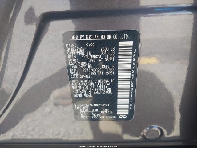 Aukcja sprzedaży 2022 Infiniti Qx80 Luxe, vin: JN8AZ2AF0N9741734, numer aukcji: 45519194