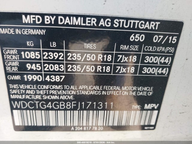 Продажа на аукционе авто 2015 Mercedes-benz Gla 250 4matic, vin: WDCTG4GB8FJ171311, номер лота: 45519219