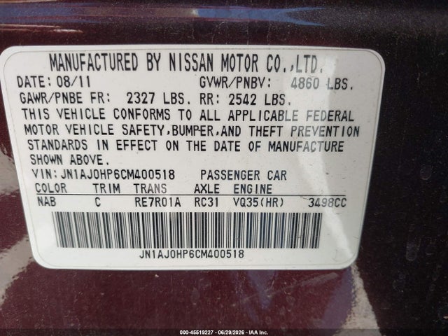 Продаж на аукціоні авто 2012 Infiniti Ex35 Journey, vin: JN1AJ0HP6CM400518, номер лоту: 45519227