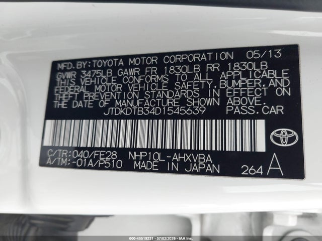 Aukcja sprzedaży 2013 Toyota Prius C One, vin: JTDKDTB34D1545639, numer aukcji: 45519231