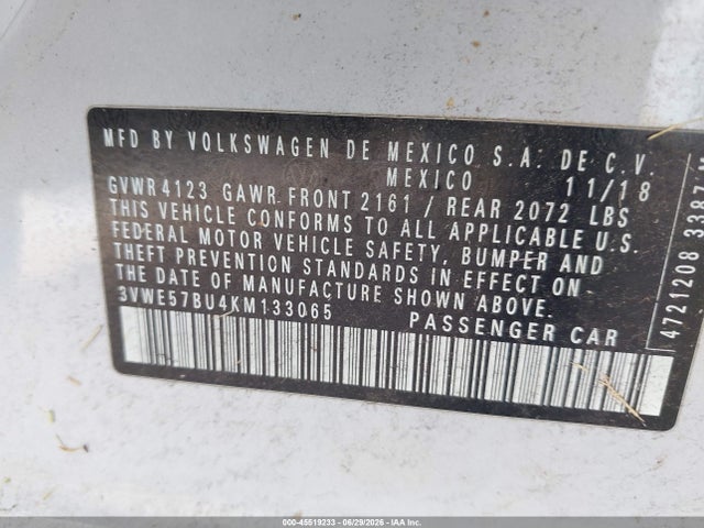 Продажа на аукционе авто 2019 Volkswagen Jetta 1.4t Sel, vin: 3VWE57BU4KM133065, номер лота: 45519233