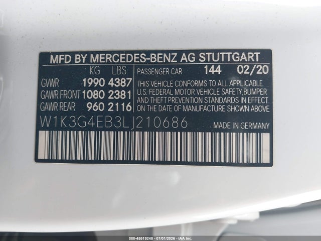 Aukcja sprzedaży 2020 Mercedes-benz A 220, vin: W1K3G4EB3LJ210686, numer aukcji: 45519248