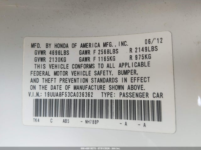 Продажа на аукционе авто 2012 Acura Tl 3.5, vin: 19UUA8F53CA036362, номер лота: 45519275
