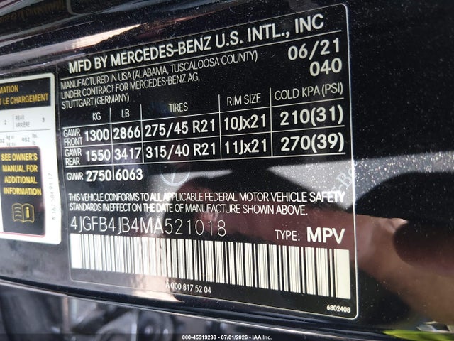 Aukcja sprzedaży 2021 Mercedes-benz Gle 350, vin: 4JGFB4JB4MA521018, numer aukcji: 45519299