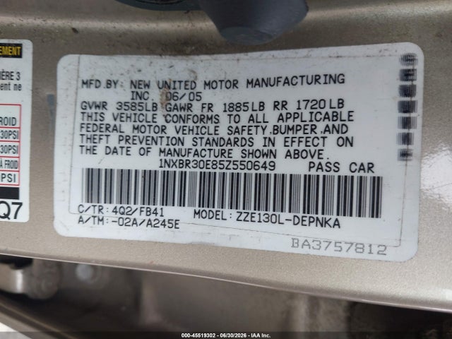 45519302 :رقم المزاد ، 1NXBR30E85Z550649 vin ، 2005 Toyota Corolla Le مزاد بيع