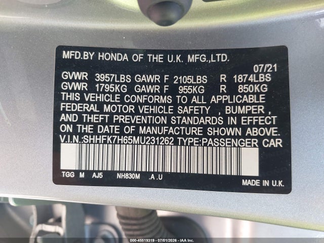 Продажа на аукционе авто 2021 Honda Civic Ex, vin: SHHFK7H65MU231262, номер лота: 45519319