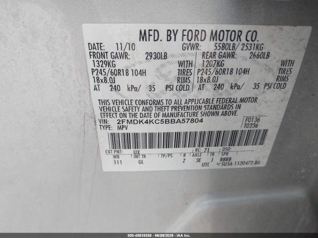 Aukcja sprzedaży 2011 Ford Edge Limited, vin: 2FMDK4KC5BBA57804, numer aukcji: 45519320