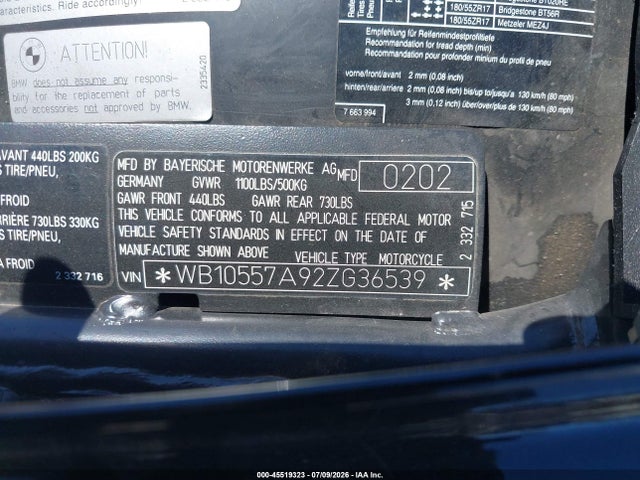Продаж на аукціоні авто 2002 Bmw K1200 Rs, vin: WB10557A92ZG36539, номер лоту: 45519323