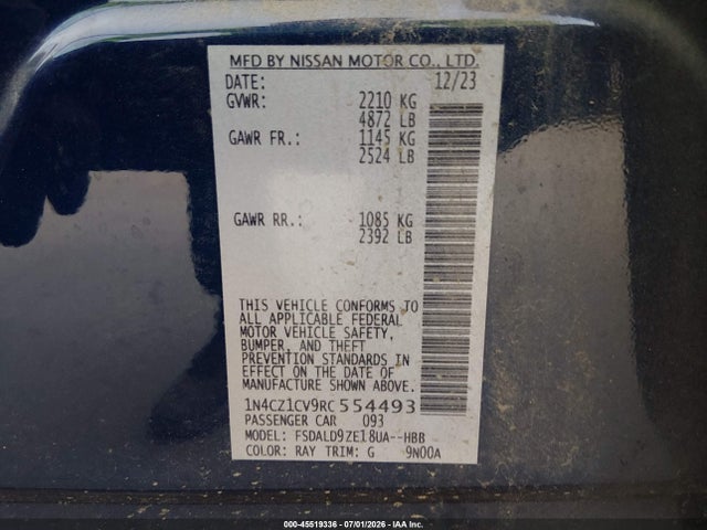 2024 Nissan Leaf Sv Plus მანქანა იყიდება აუქციონზე, vin: 1N4CZ1CV9RC554493, აუქციონის ნომერი: 45519336