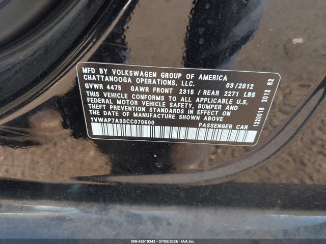45519343 :رقم المزاد ، 1VWAP7A33CC070500 vin ، 2012 Volkswagen Passat 2.5l S مزاد بيع