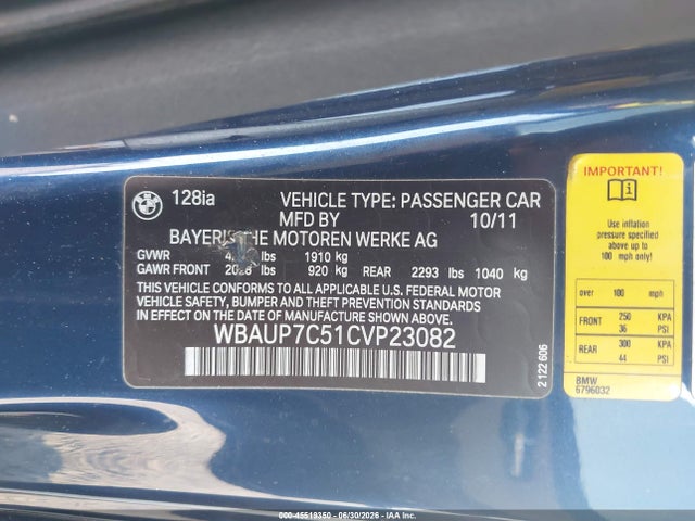 Продаж на аукціоні авто 2012 Bmw 128i, vin: WBAUP7C51CVP23082, номер лоту: 45519350