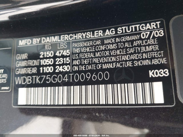 Aukcja sprzedaży 2004 Mercedes-benz Clk 500, vin: WDBTK75G04T009600, numer aukcji: 45519366
