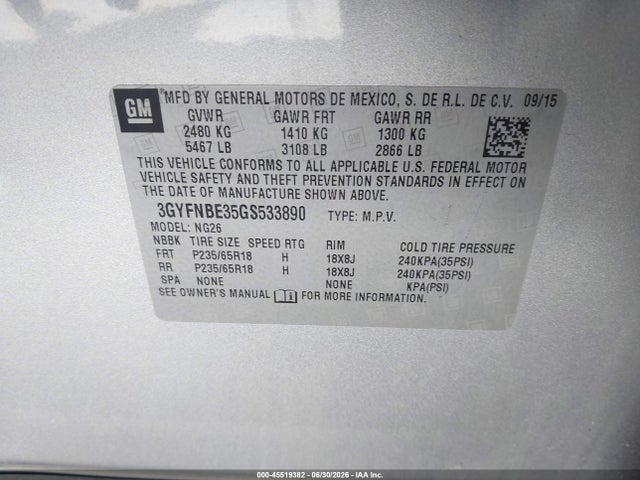 3GYFNBE35GS533890 Cadillac Srx Luxury Collection