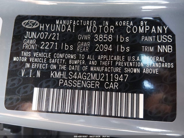 2021 Hyundai Elantra Sel მანქანა იყიდება აუქციონზე, vin: KMHLS4AG2MU211947, აუქციონის ნომერი: 45519387