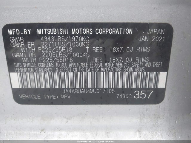 Продажа на аукционе авто 2021 Mitsubishi Outlander Sport 2.0 Be Awc/2.0 Es Awc/2.0 Le Awc/2.0 Se Awc, vin: JA4ARUAU4MU017105, номер лота: 45519396