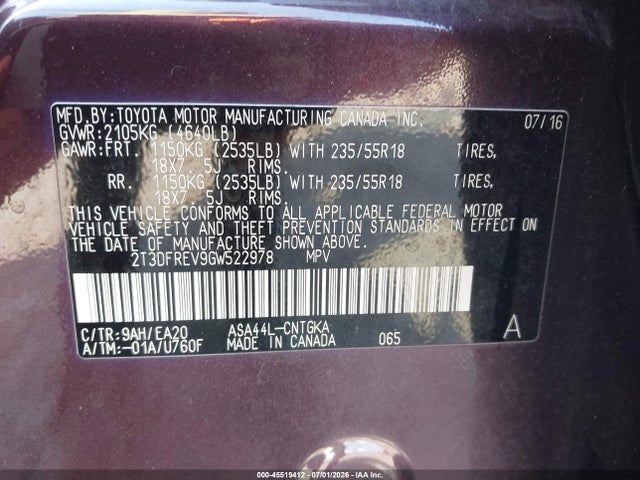 Toyota Rav4 Limited 2016 2T3DFREV9GW522978 Image 9