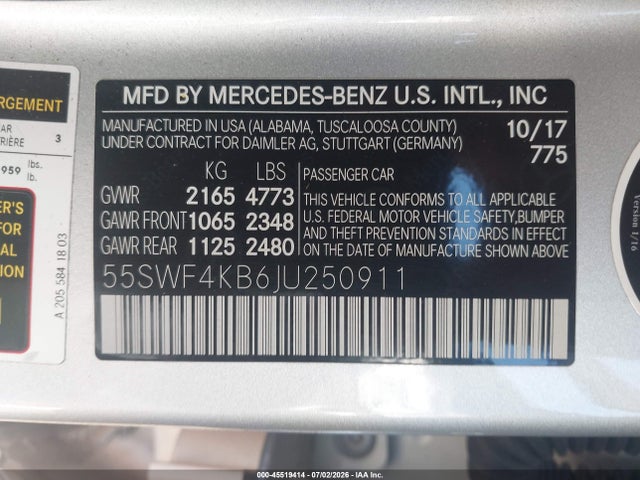 2018 Mercedes-benz C 300 4matic მანქანა იყიდება აუქციონზე, vin: 55SWF4KB6JU250911, აუქციონის ნომერი: 45519414