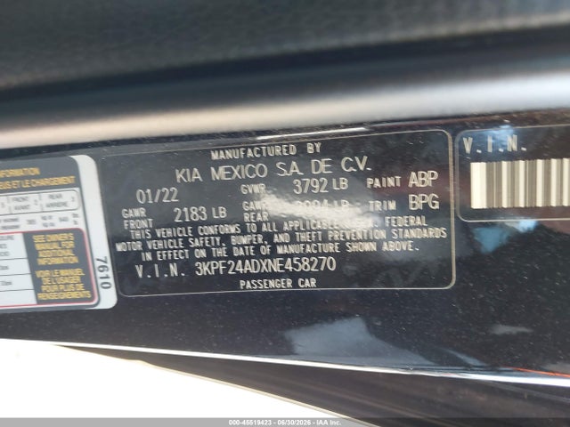 Продажа на аукционе авто 2022 Kia Forte Lxs, vin: 3KPF24ADXNE458270, номер лота: 45519423