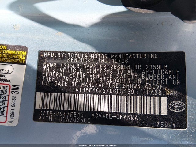 2007 Toyota Camry Le მანქანა იყიდება აუქციონზე, vin: 4T1BE46K27U605159, აუქციონის ნომერი: 45519450