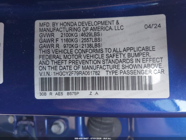 2024 Honda Accord Hybrid Sport-l მანქანა იყიდება აუქციონზე, vin: 1HGCY2F79RA061782, აუქციონის ნომერი: 45519457