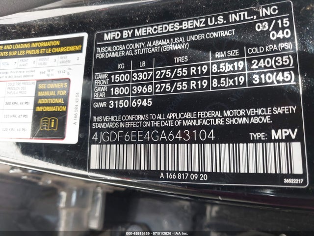 45519459 :رقم المزاد ، 4JGDF6EE4GA643104 vin ، 2016 Mercedes-benz Gl 450 4matic مزاد بيع
