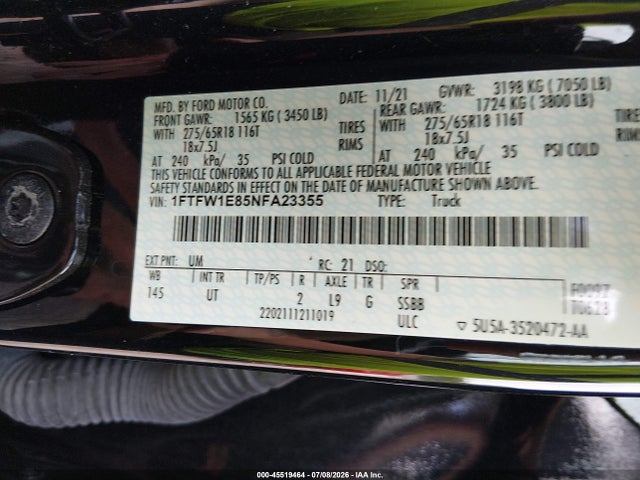 45519464 :رقم المزاد ، 1FTFW1E85NFA23355 vin ، 2022 Ford F-150 Xlt مزاد بيع